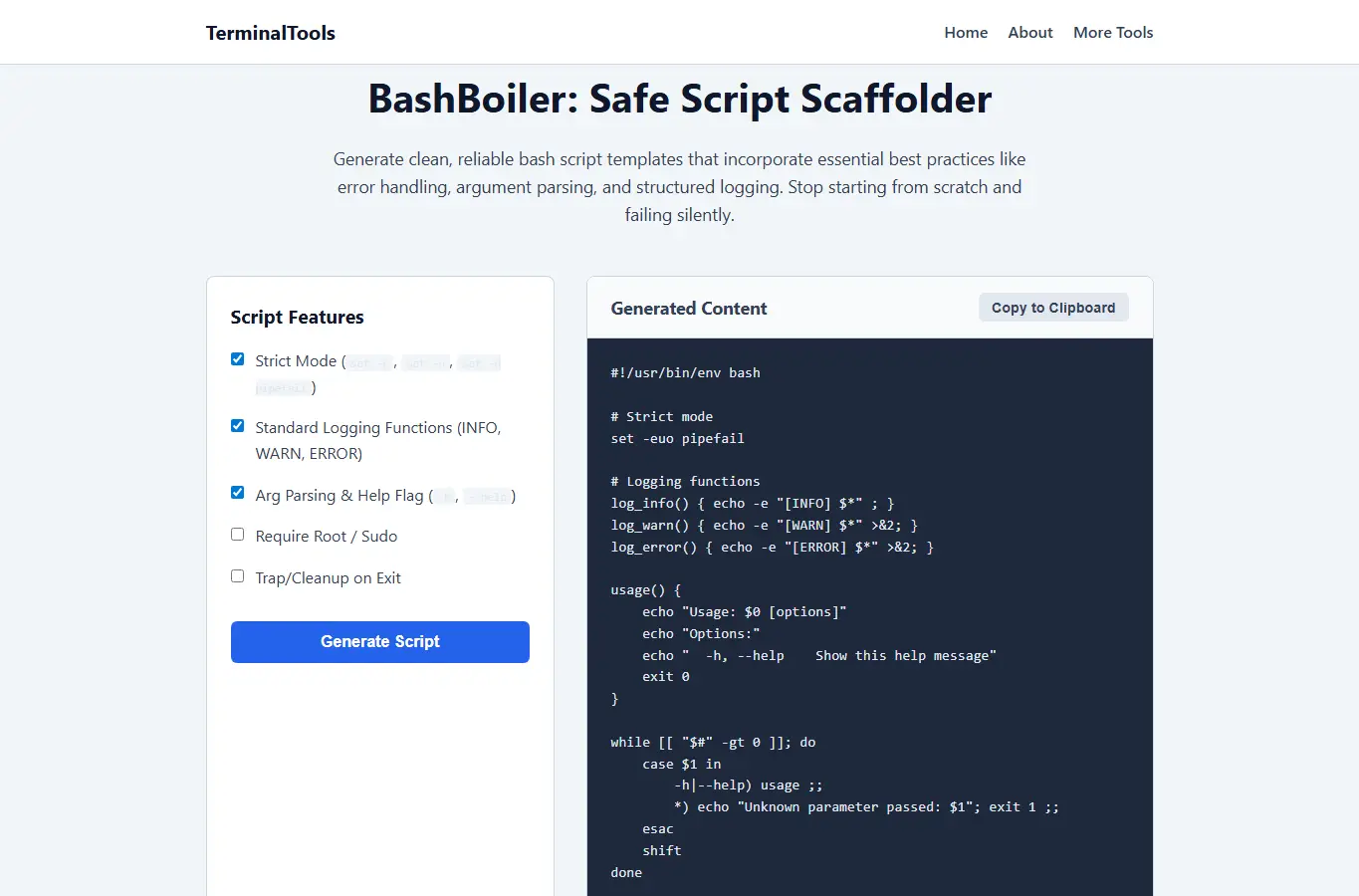 Screenshot of BashBoiler: Safe Script Scaffolder interface showing the project page in use
